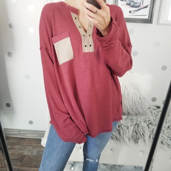 Fall Waffle Knit V-Neck Pocket Top Loose Slouchy Women’s Tops - Picture 5 of 8